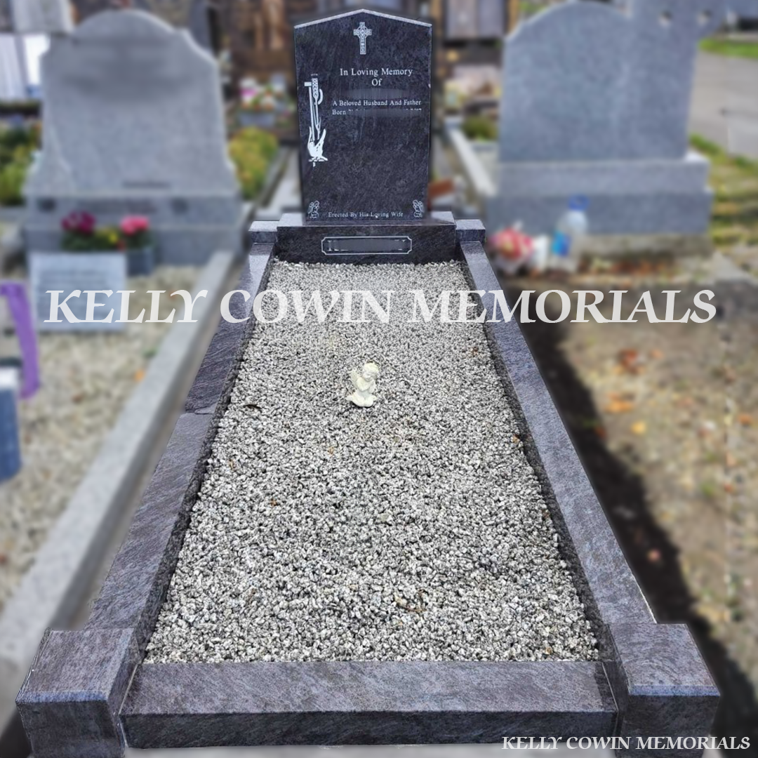 Front view of Blue Lagoon apex headstone with silver inscription in Bohernabreena Cemetery Dublin