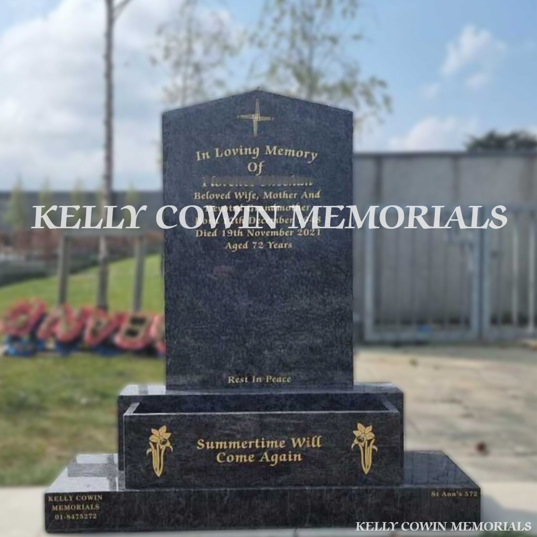 Front view of Blue Lagoon Apex headstone with flower box erected in Balgriffin Cemetery Dublin by Kelly Cowin Memorials