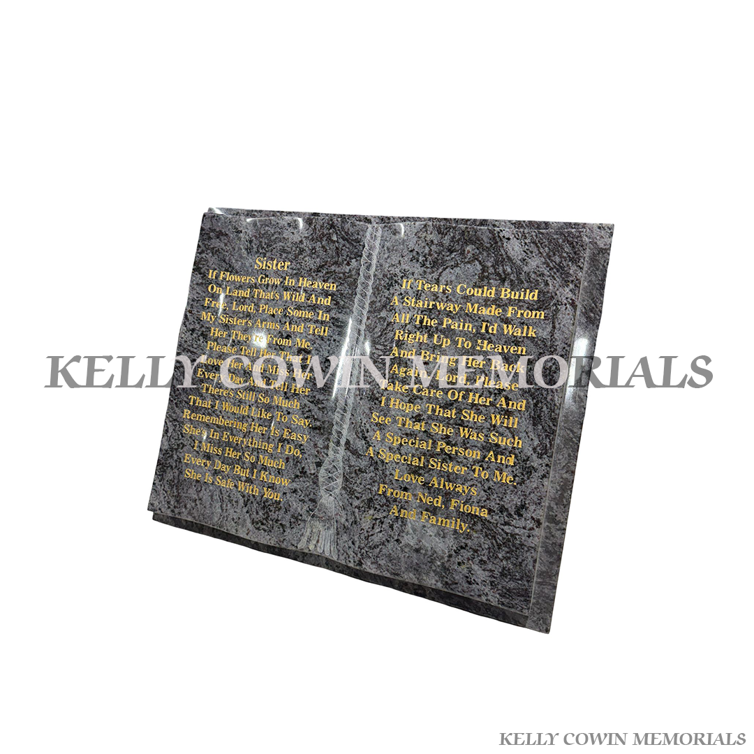 Blue Lagoon granite book memorial ornament for graves and headstones handcrafted in Dublin with nationwide delivery and fitting across Ireland