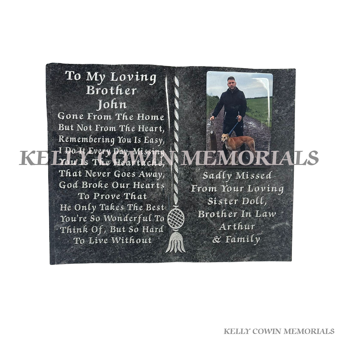 blue lagoon granite book memorial with silver engraving and ceramic photo personalised plaque Ireland