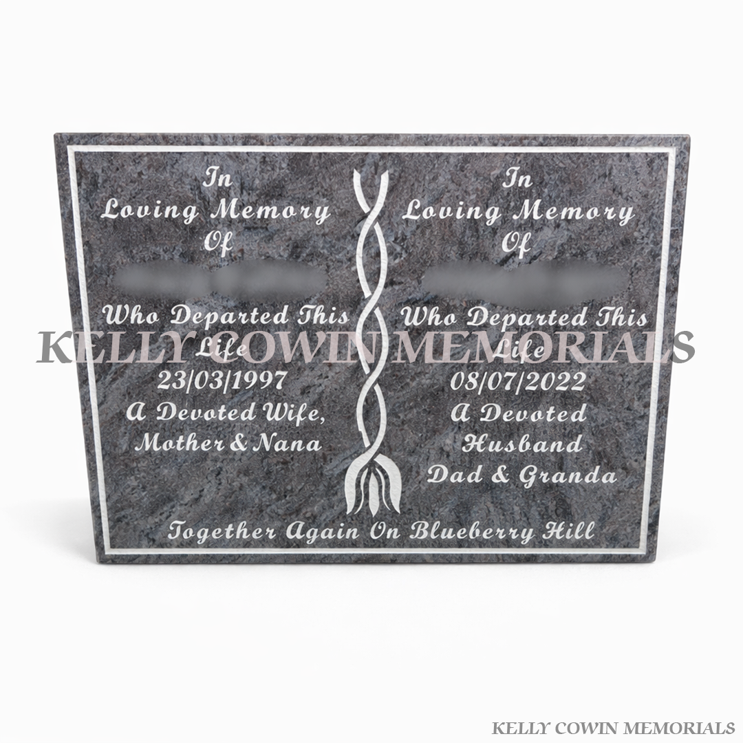 Blue Lagoon granite book plaque grave accessory with engraved border, available locally and nationwide in Ireland
