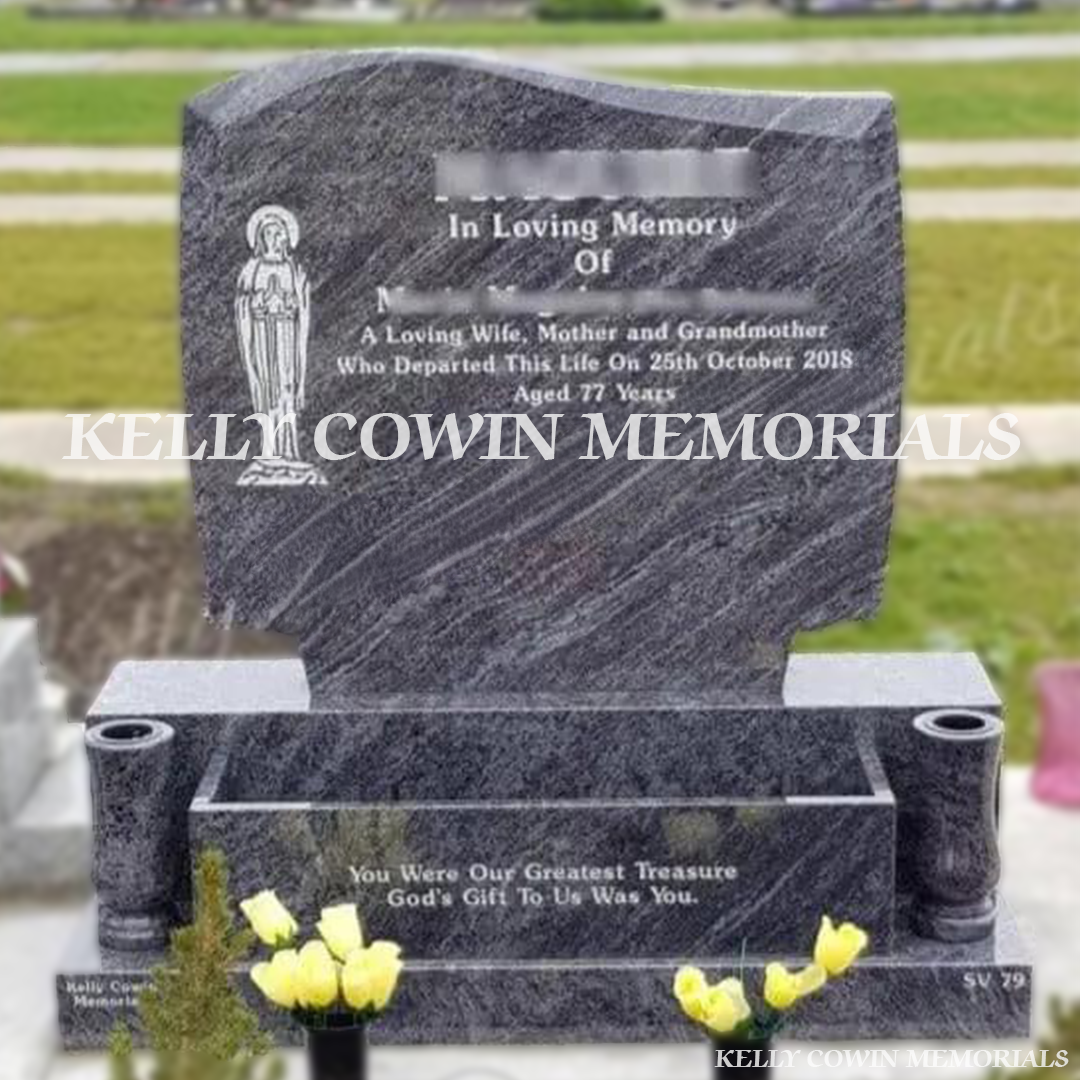 Blue Lagoon C1 granite headstone front view with vases and flowerbox in Balgriffin Cemetery Dublin
