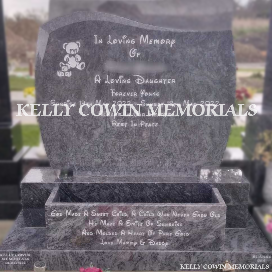 Blue Lagoon granite C1 headstone with white inscription on sub-base, base and plinth in Balgriffin Cemetery