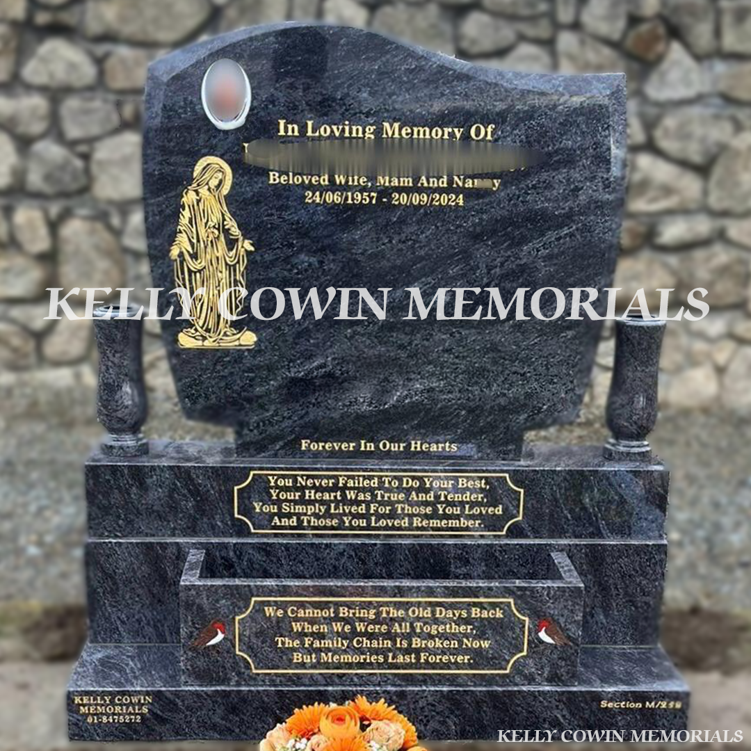 Front view of Blue Lagoon C1 headstone with gold inscription in Glencullen Cemetery