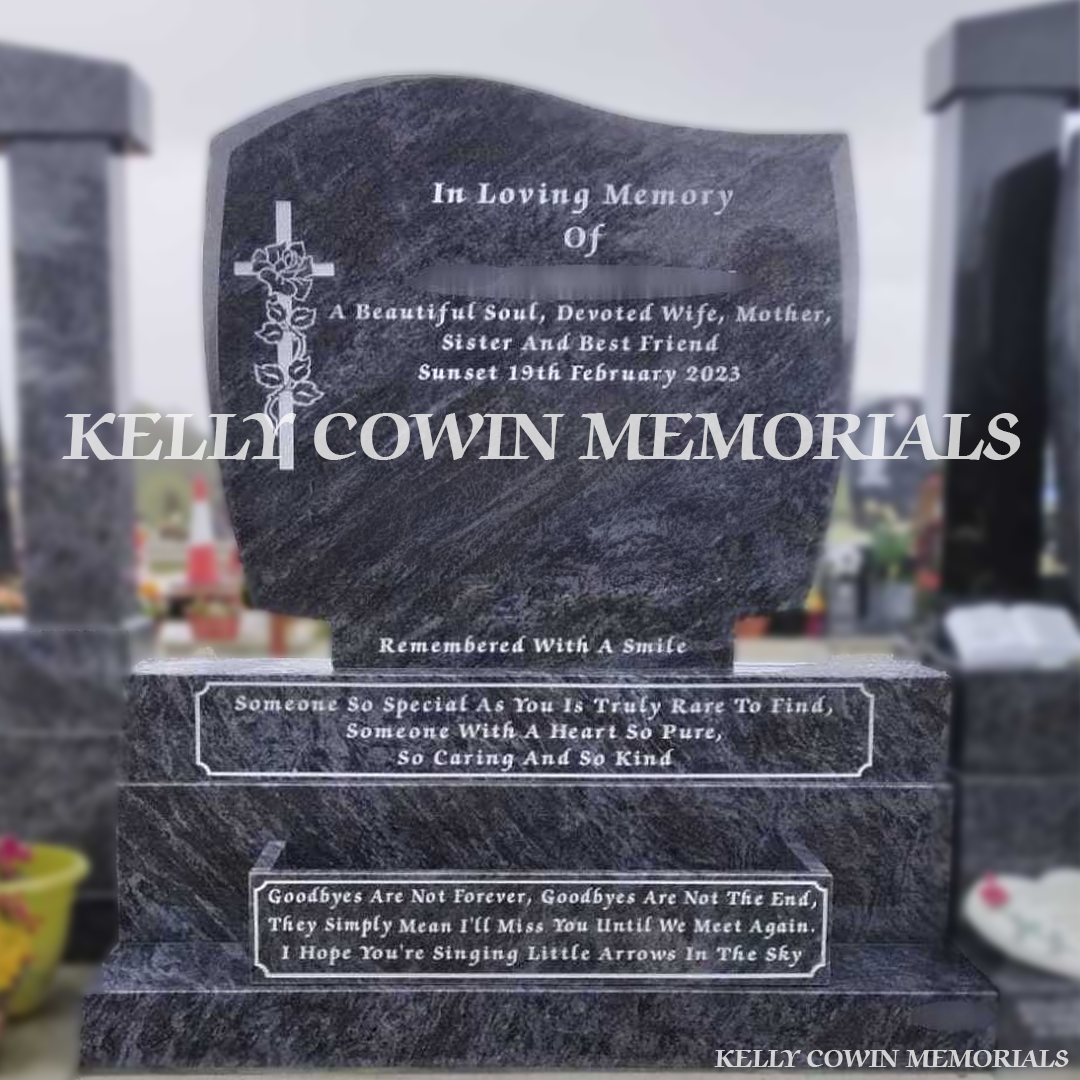 Front view of Blue Lagoon C1 headstone with flower box erected in Balgriffin Cemetery Dublin