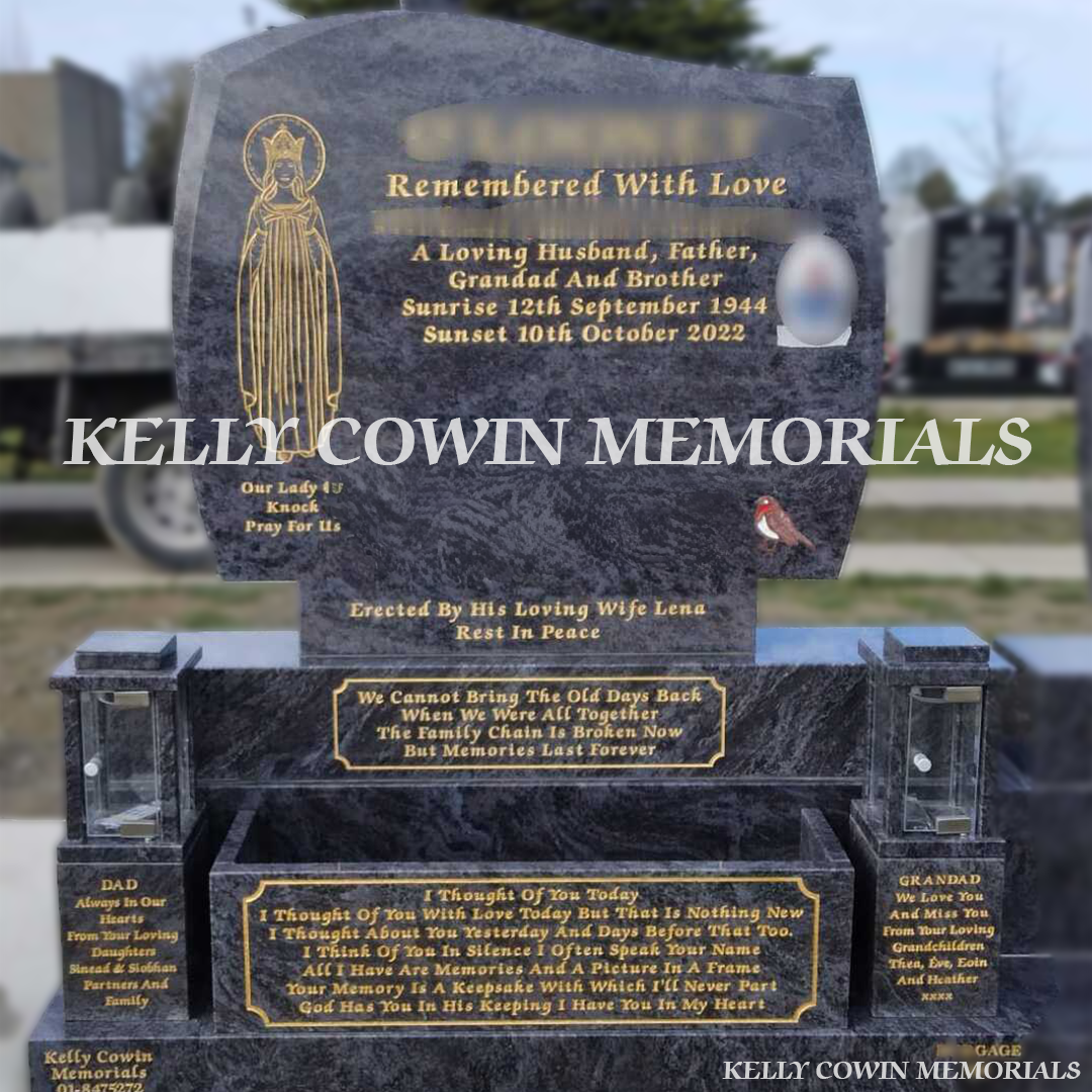 Front view of Blue Lagoon C1 headstone with oval photo, flower box and lanterns erected in Balgriffin Cemetery Dublin