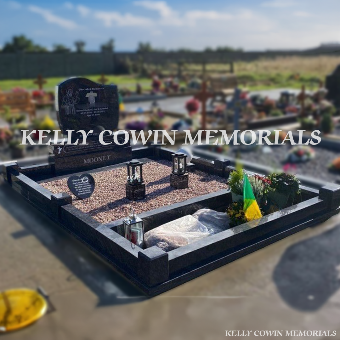 Side view showing full Blue Lagoon kerbing, corner posts and garden bar in Springfield Cemetery