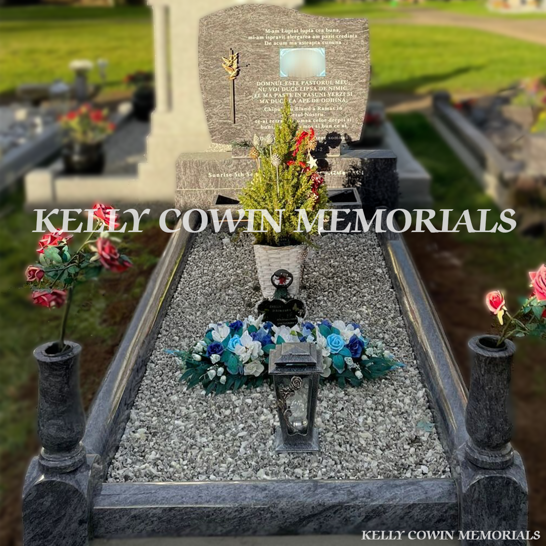 Front view of Blue Lagoon C1 headstone with silver inscription in Kenure Cemetery