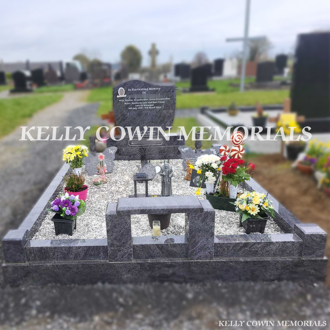 Front view of Blue Lagoon C1 headstone with silver inscription in Clonard Cemetery Co Meath