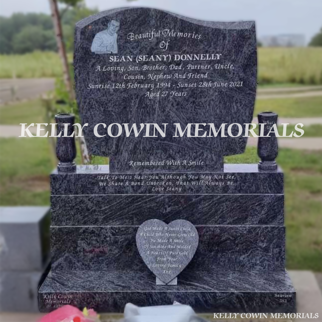 Front view of Blue Lagoon C1 headstone with laser portrait and heart plaque in Balgriffin Cemetery Dublin