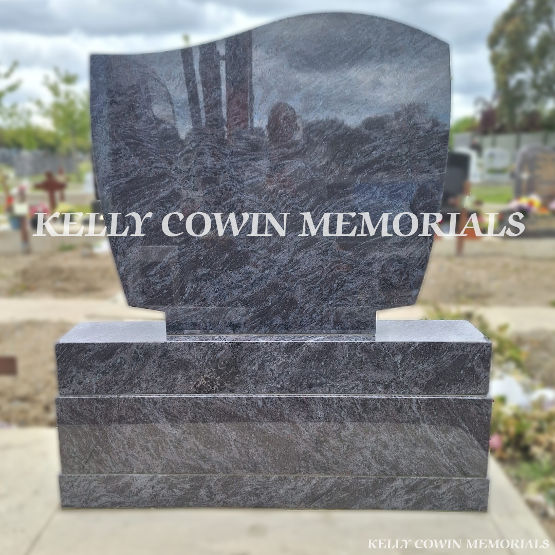 Back view of Blue Lagoon C1 headstone with gold engraving in Balgriffin Cemetery