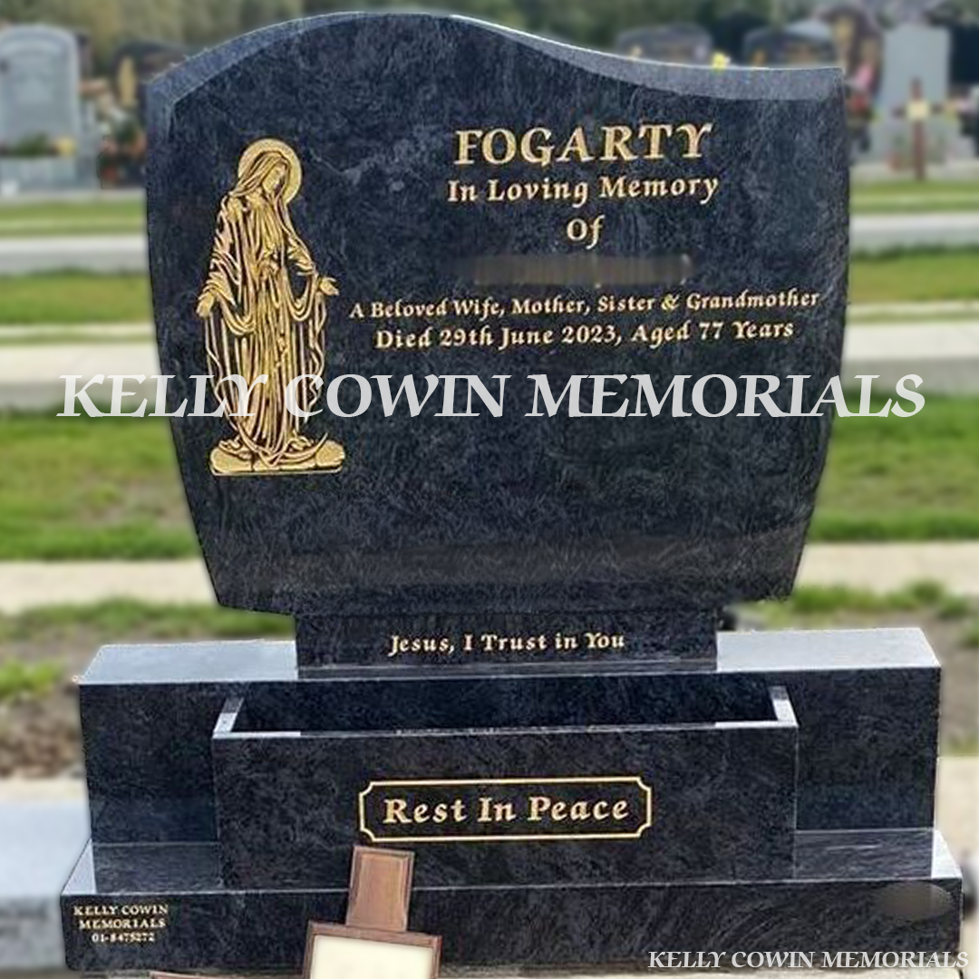 Front view of Blue Lagoon C1 headstone with flower box erected in Balgriffin Cemetery Dublin