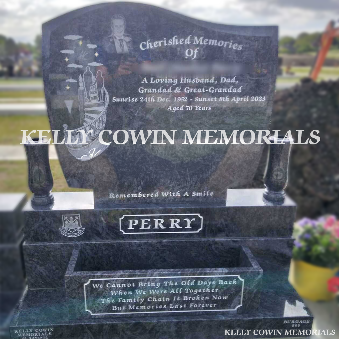 Front view of Blue Lagoon C1 headstone with laser images on base and plinth in Balgriffin Cemetery Dublin