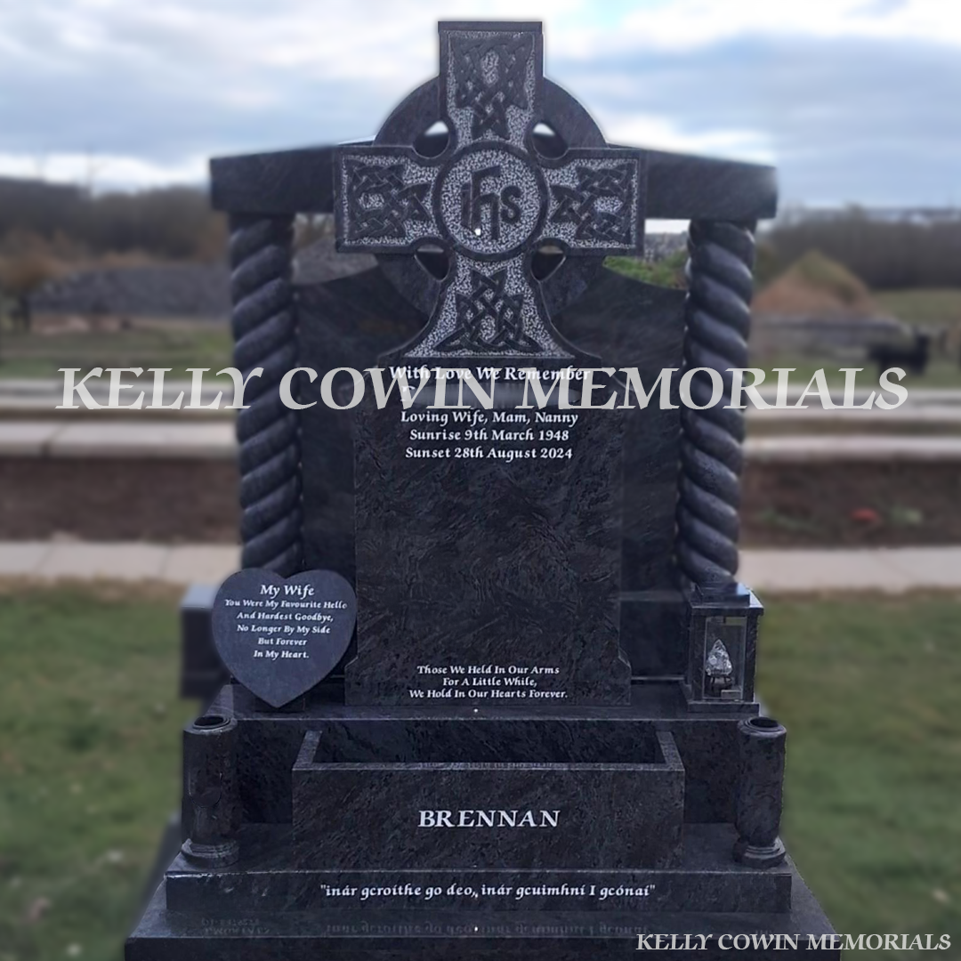 Blue Lagoon granite Celtic Cross headstone erected in Balgriffin Cemetery Dublin by Kelly Cowin Memorials