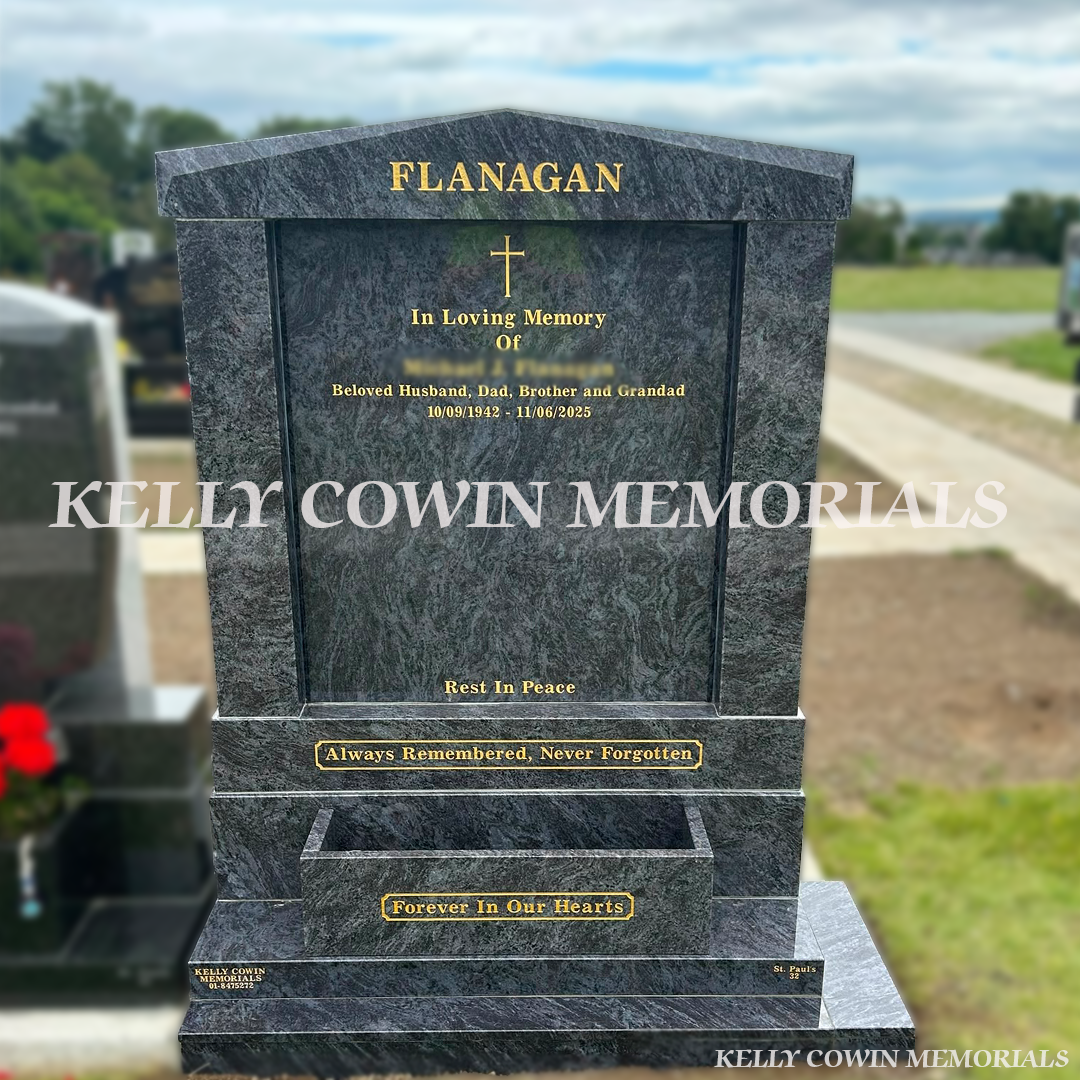 Blue Lagoon custom granite headstone with backing plate, cap, square pillars and gold leaf inscription in Balgriffin Cemetery Dublin