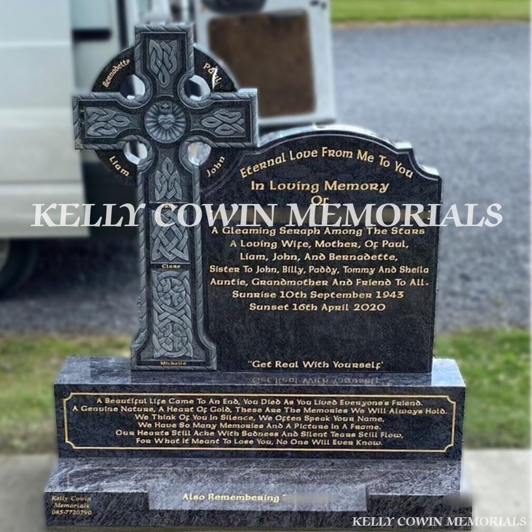 Custom Blue Lagoon granite headstone with carved Celtic cross front view in Balgriffin Cemetery Dublin