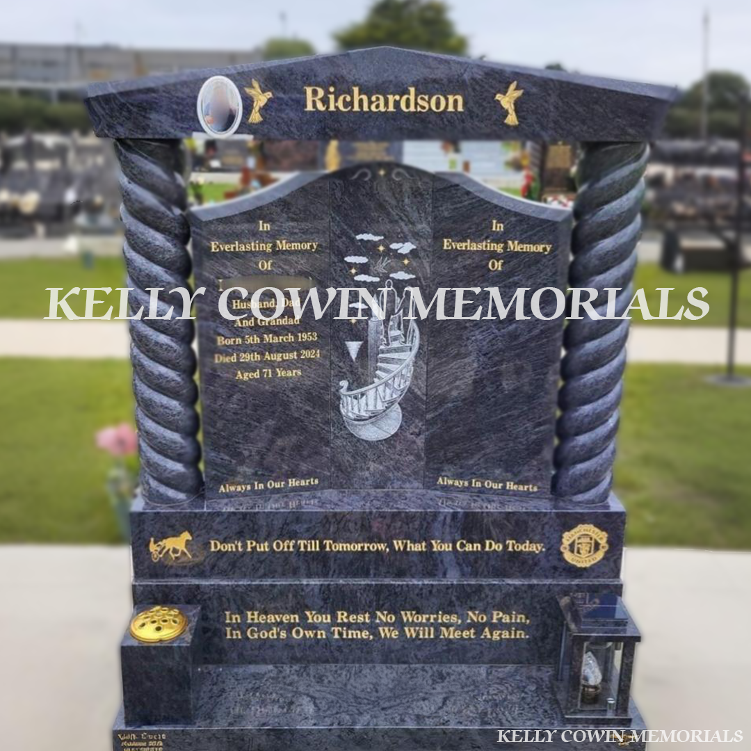 Front view of Blue Lagoon Granite Gates of Heaven headstone with cap and twisted pillars in Balgriffin Cemetery Dublin