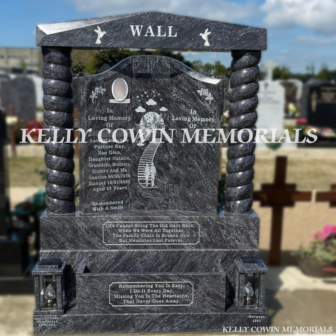 Front view of Blue Lagoon Gates of Heaven headstone with silver inscription and oval ceramic photograph in Balgriffin Cemetery Dublin