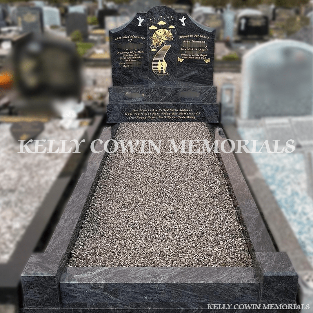 Blue Lagoon Granite "Gates Of Heaven" Headstone & Kerbing | Mulhuddart Cemetery - Kelly Cowin Memorials