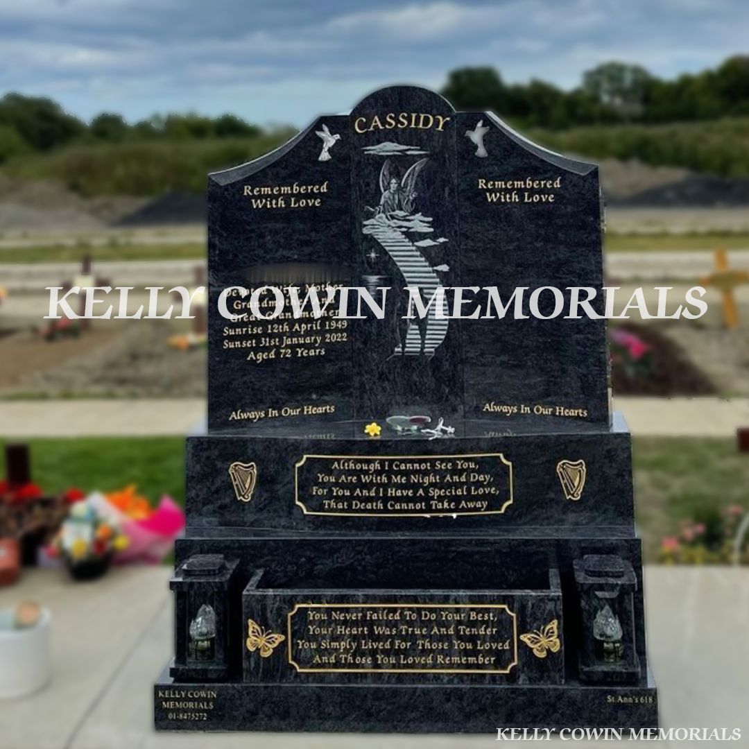 Front view of Blue Lagoon Gates of Heaven headstone with flower box and lanterns erected in Dublin by Kelly Cowin Memorials