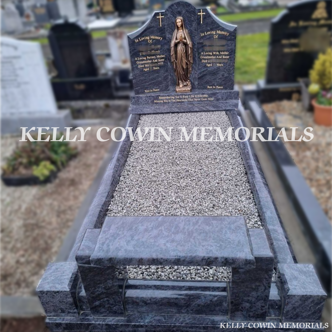 Front view of Blue Lagoon Gates of Heaven headstone with gold inscription and bronze Our Lady in Bohernabreena Cemetery Dublin