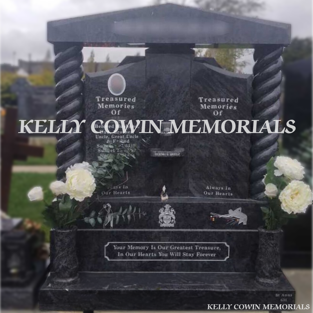 Front view of Blue Lagoon Gates of Heaven headstone with twisted pillars and cap erected in Dublin by Kelly Cowin Memorials