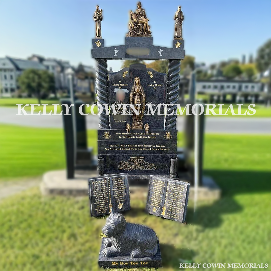 Front view of Blue Lagoon Gates of Heaven headstone with gold inscription and bronze statues in Dardistown Cemetery Dublin
