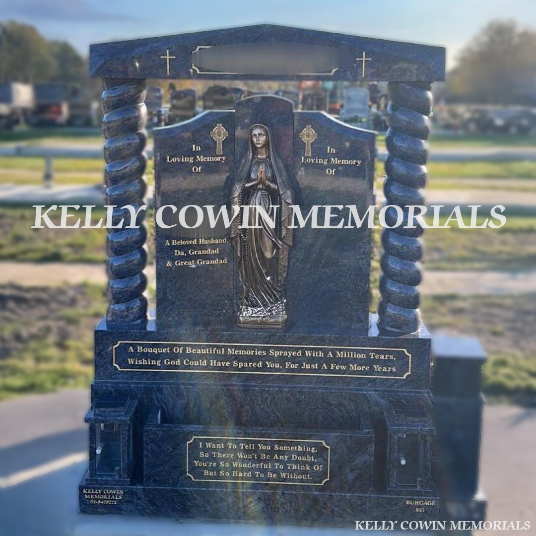 Front view of Blue Lagoon Gates of Heaven headstone with twisted pillars and cap in Balgriffin Cemetery Dublin
