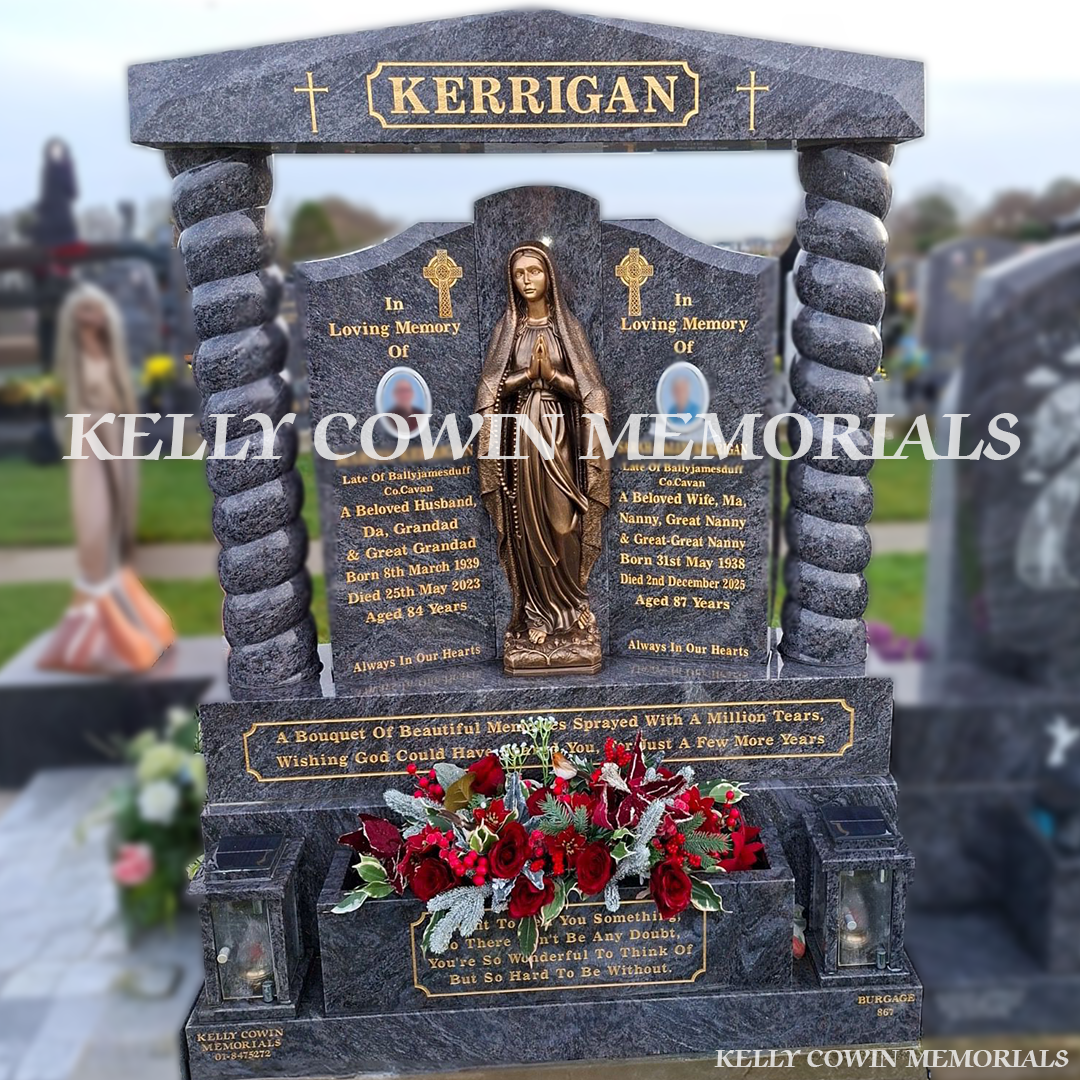 Front view of Blue Lagoon Gates of Heaven headstone with twisted pillars and cap in Balgriffin Cemetery Dublin by Kelly Cowin Memorials