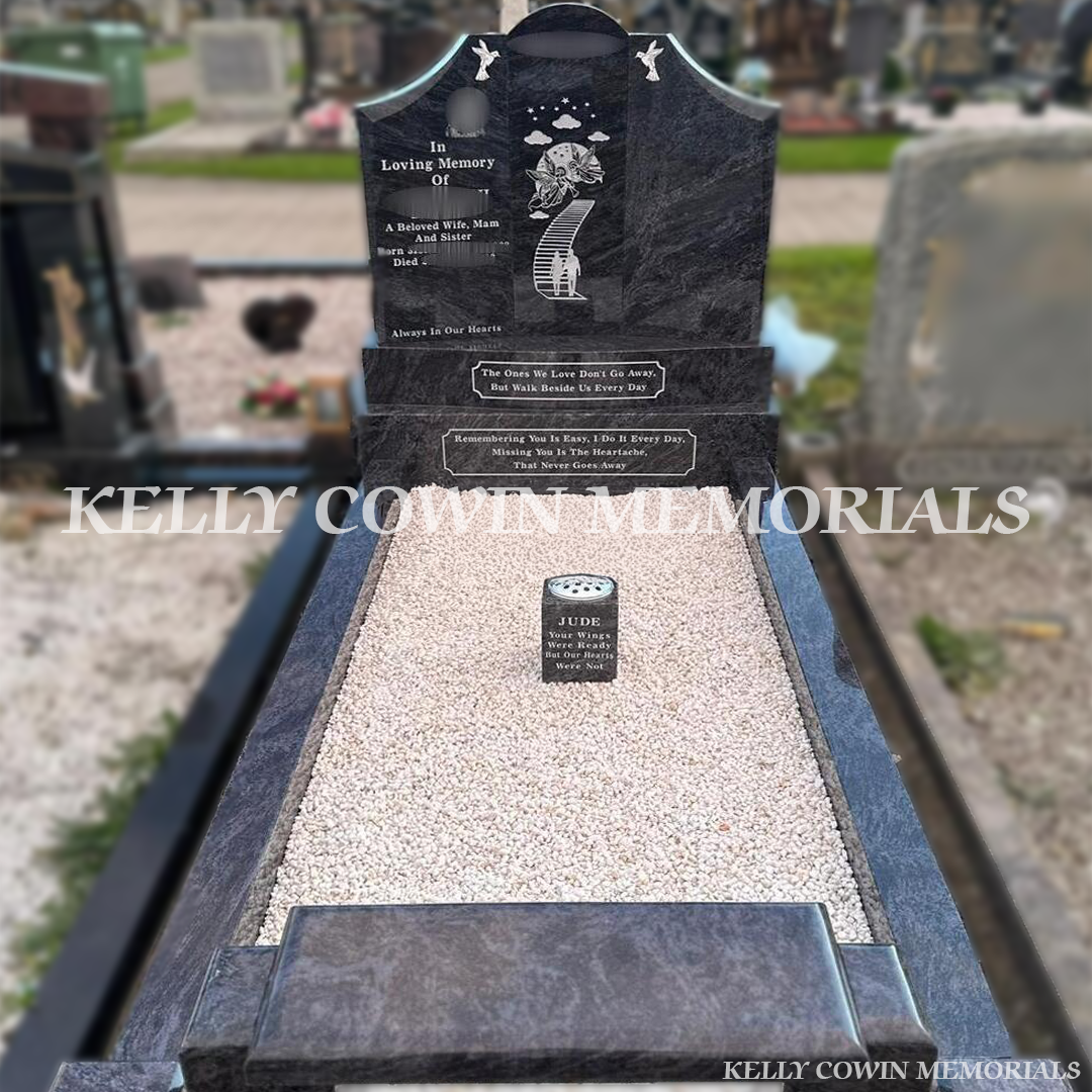 Blue Lagoon granite Gates of Heaven headstone with kerbing at Mulhuddart Cemetery Dublin