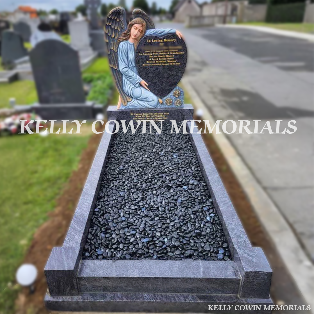 Front view of Blue Lagoon angel heart-shaped headstone with gold leaf inscription in Kilkenny