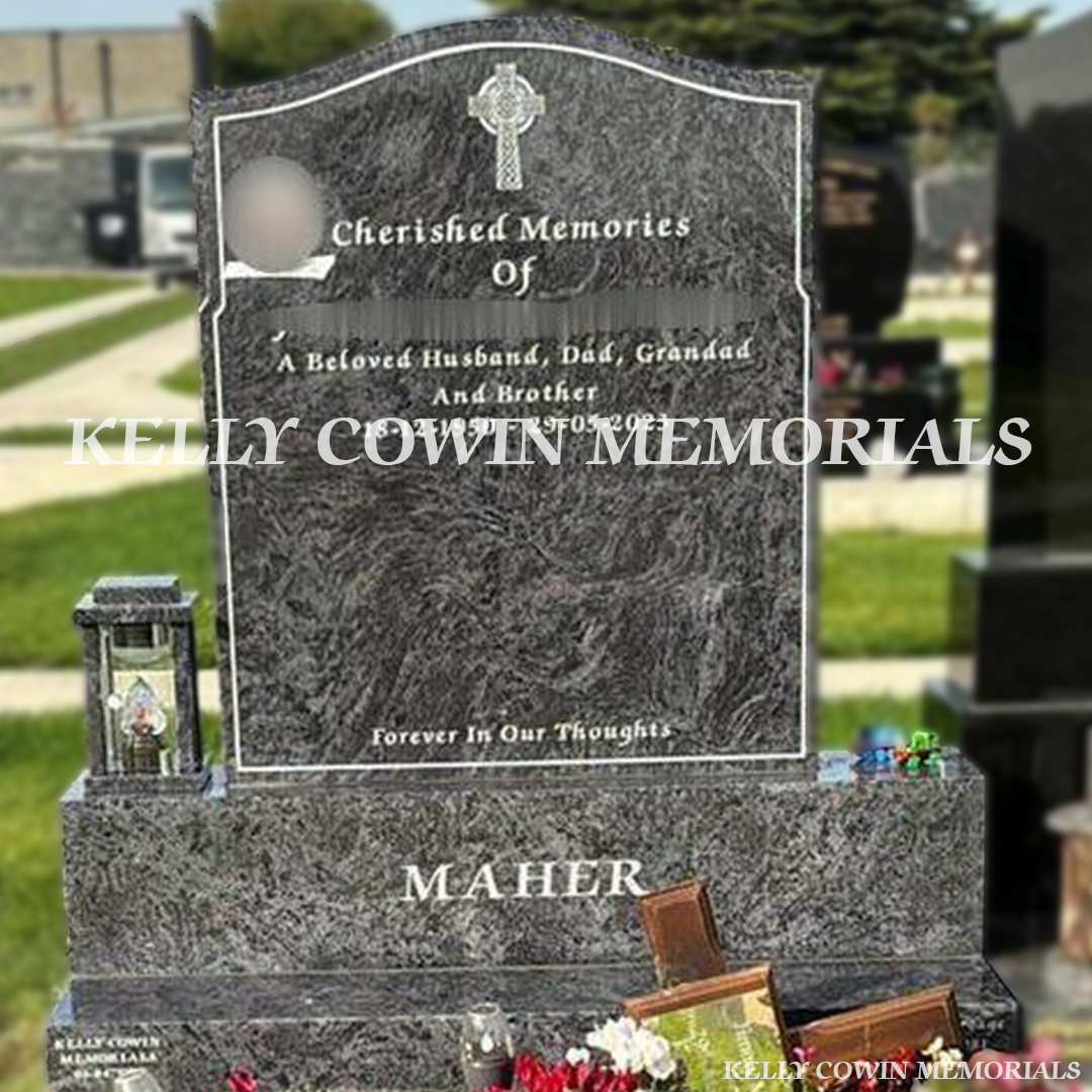 Front view of Blue Lagoon OG headstone with lantern and oval photo erected in Balgriffin Cemetery Dublin