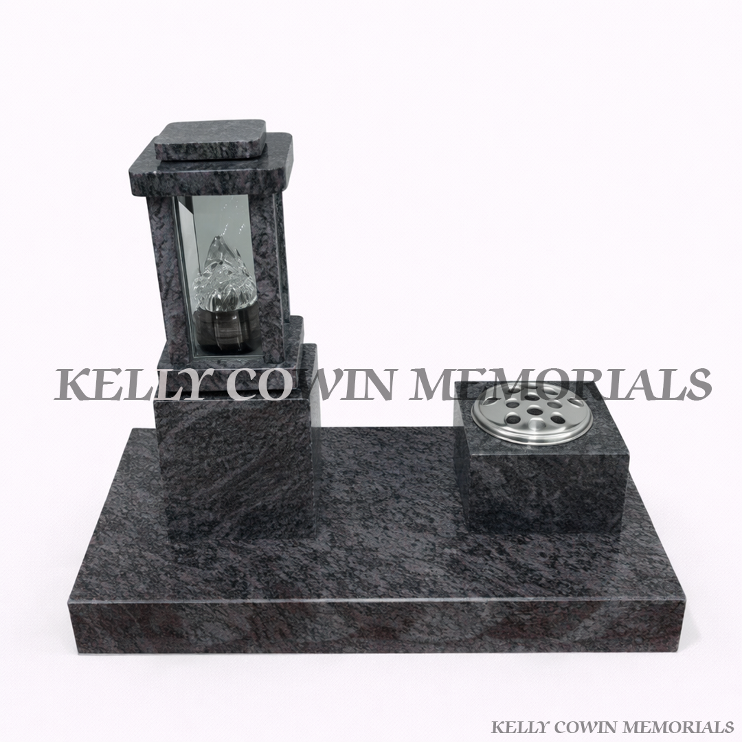 Blue Lagoon granite lantern on block with square vase holder on plinth memorial grave accessory Ireland