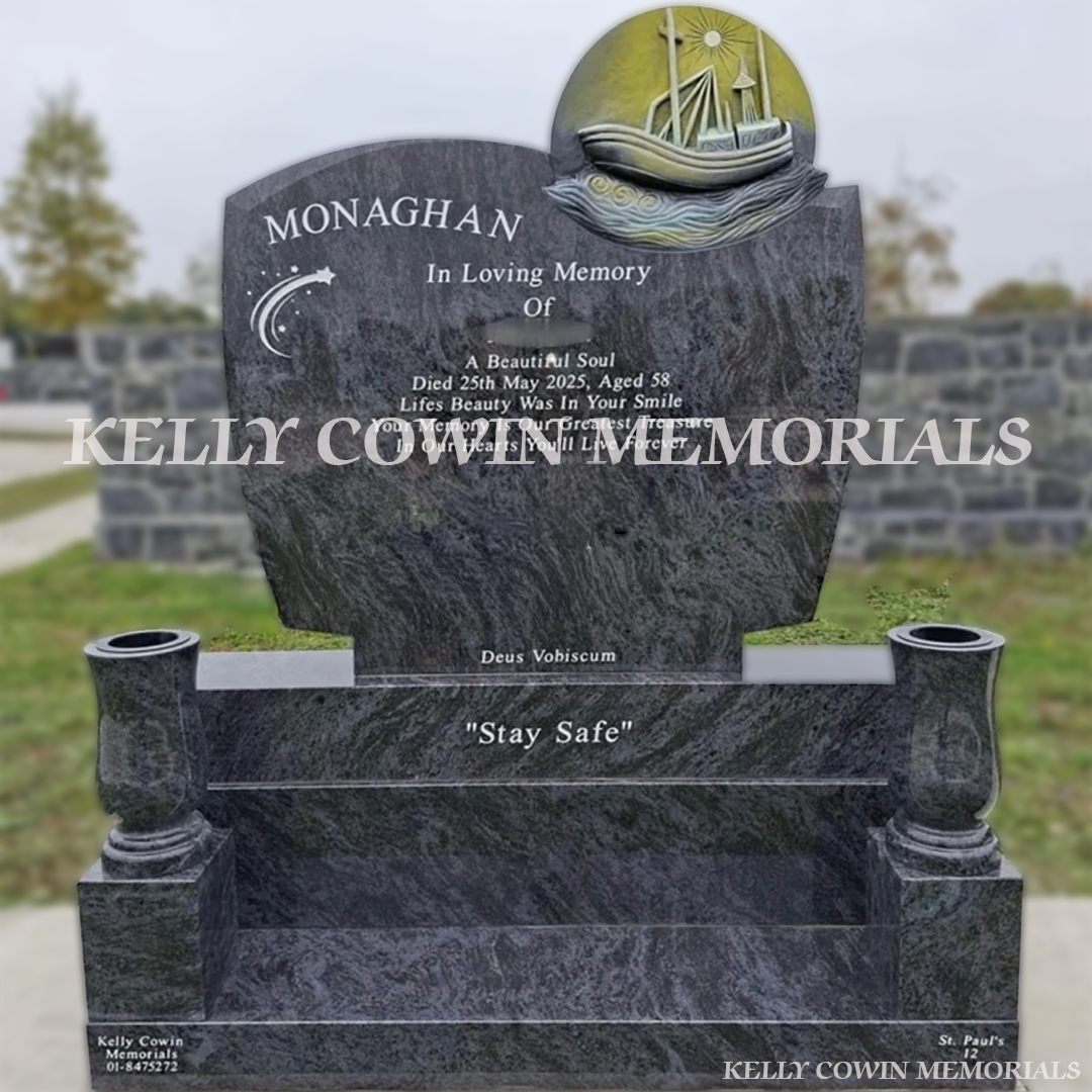 Blue Lagoon Granite custom boat C1 headstone with sub-base, base and plinth with two vases on blocks installed in Balgriffin Cemetery by Kelly Cowin Memorials
