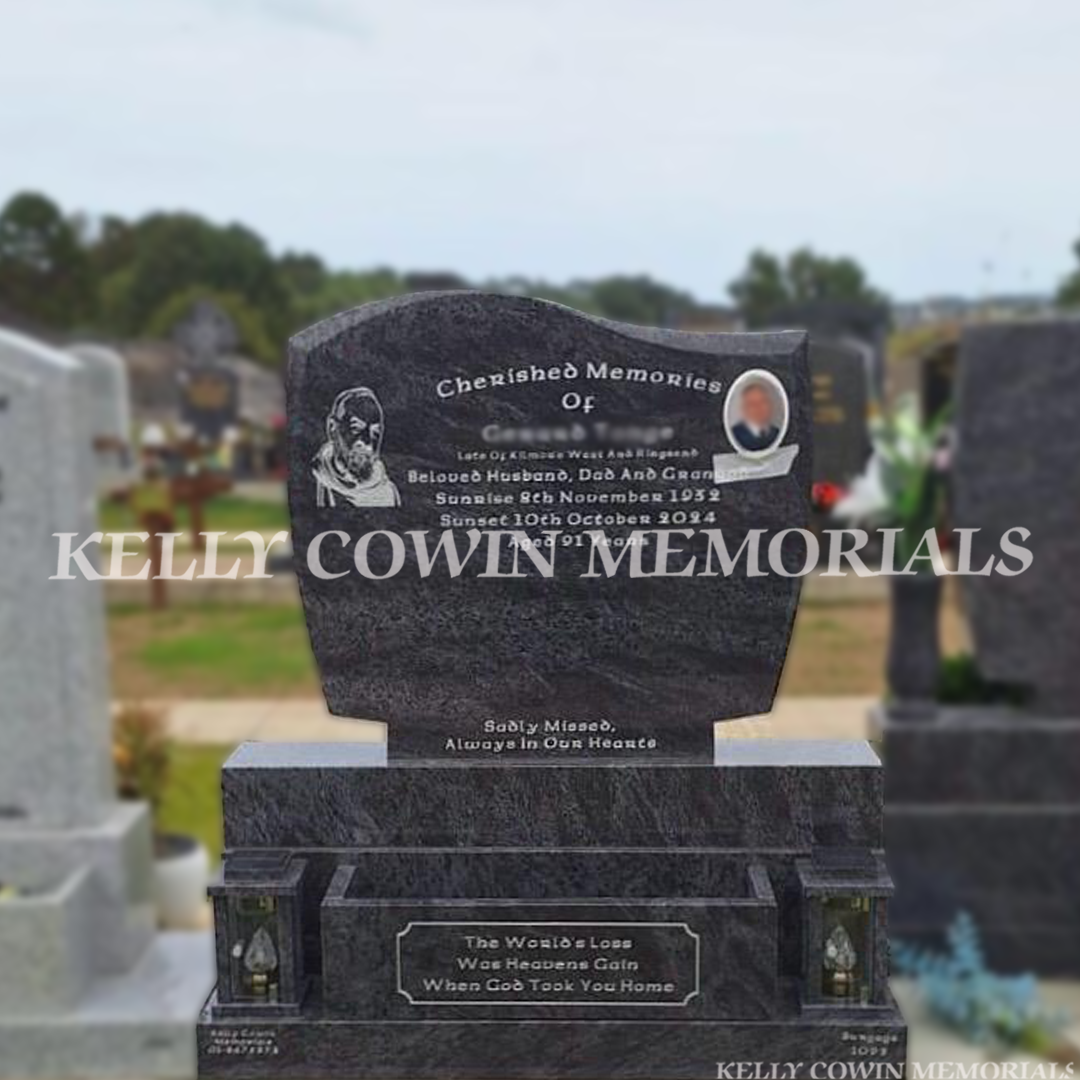 Blue Lagoon Granite C1 headstone with flowerbox, silver inscription, engraved images, photo and solar lanterns installed in Balgriffin Cemetery by Kelly Cowin Memorials