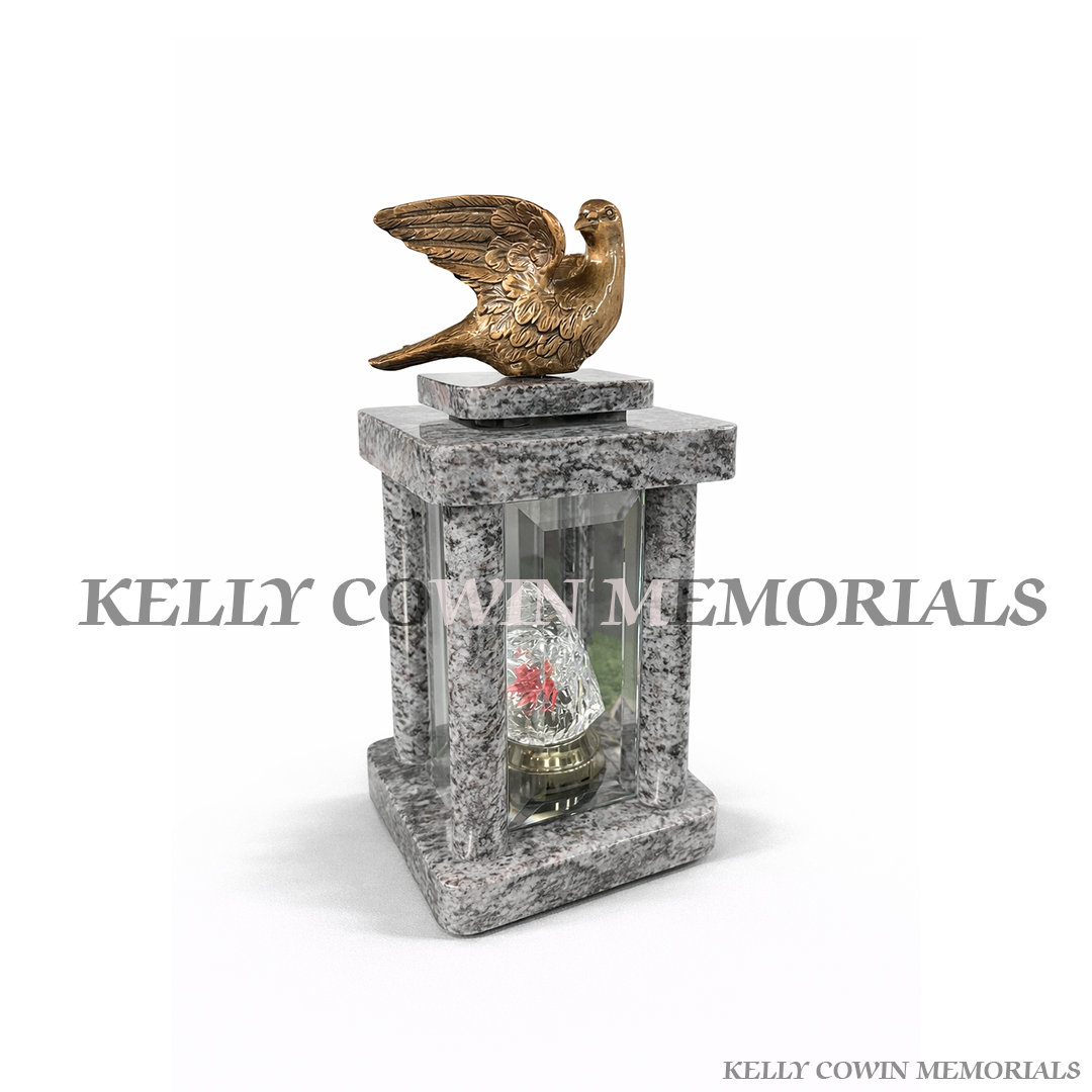 Blue Lagoon granite memorial lantern with bronze dove grave tribute light Ireland
