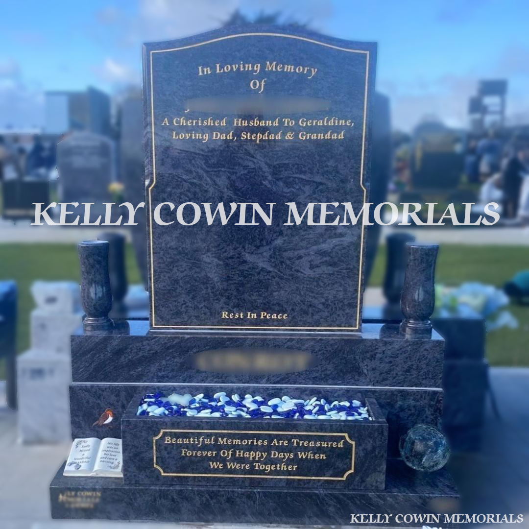 Front view of Blue Lagoon OG headstone on sub-base, base and plinth with flower box and vases in Balgriffin Cemetery Dublin