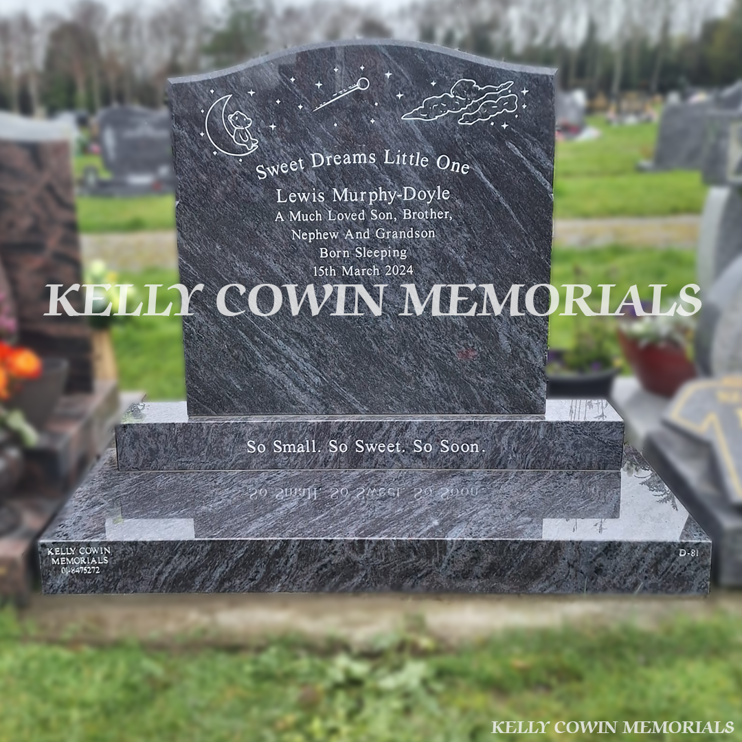Front view of Blue Lagoon children’s OG headstone with silver inscription in Newlands Cross Cemetery