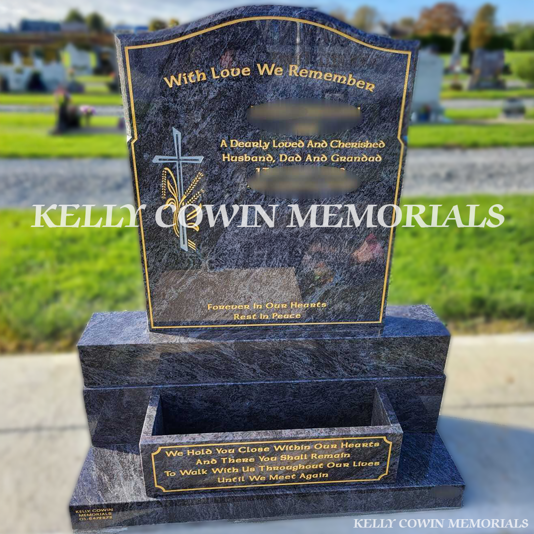 Front view of Blue Lagoon OG headstone with gold inscription and flower box in Dardistown Cemetery Dublin