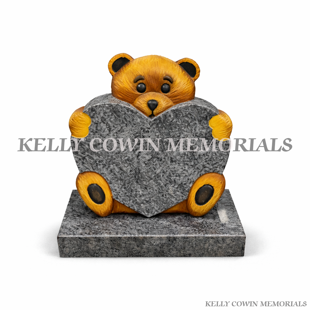 Blue Lagoon Granite Teddy Bear Holding Heart Accessory | Kelly Cowin Memorials Ireland