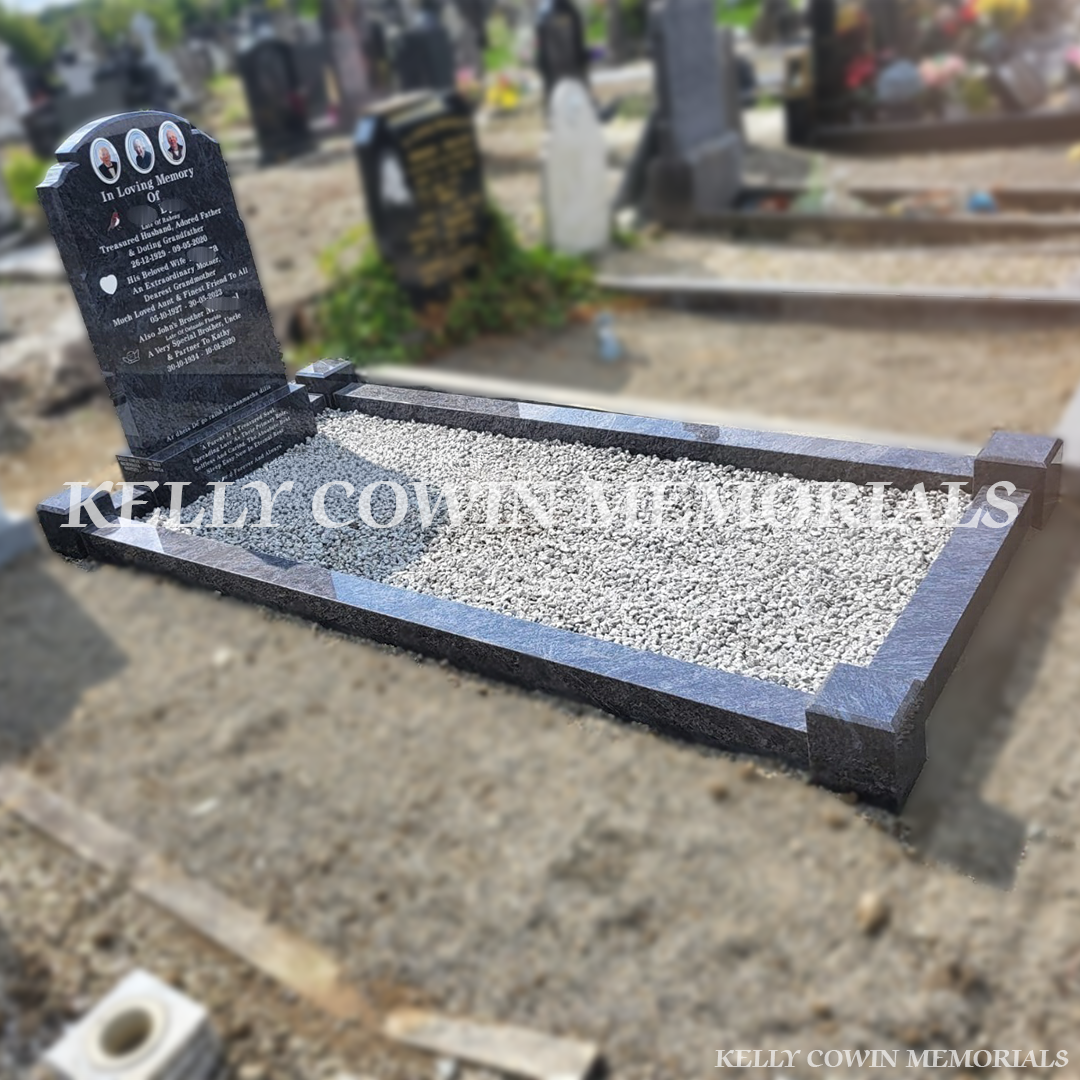 Side view of Blue Lagoon Top Nine granite headstone installed in Glasnevin Cemetery by Kelly Cowin Memorials.