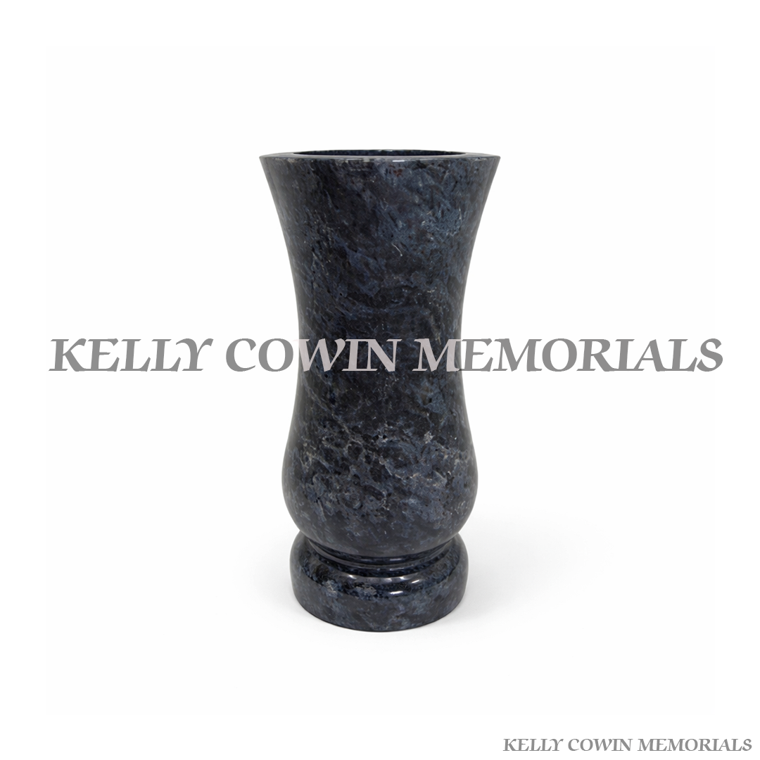 blue lagoon granite memorial vase with polished curved shape on white background – Kelly Cowin Memorials Ireland