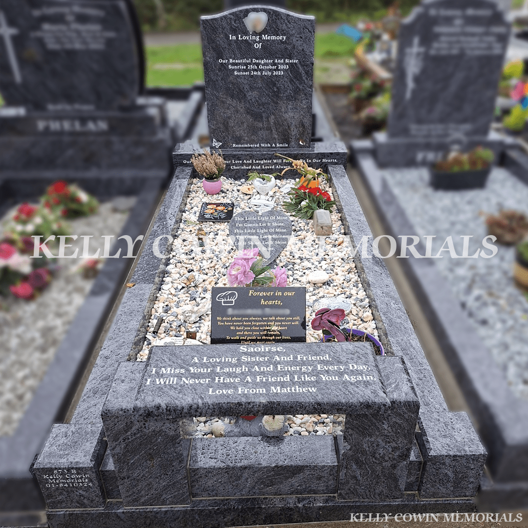 Blue Lagoon Granite Og Headstone, Full Kerbing & A Bench | Ardla Cemetery - Kelly Cowin Memorials