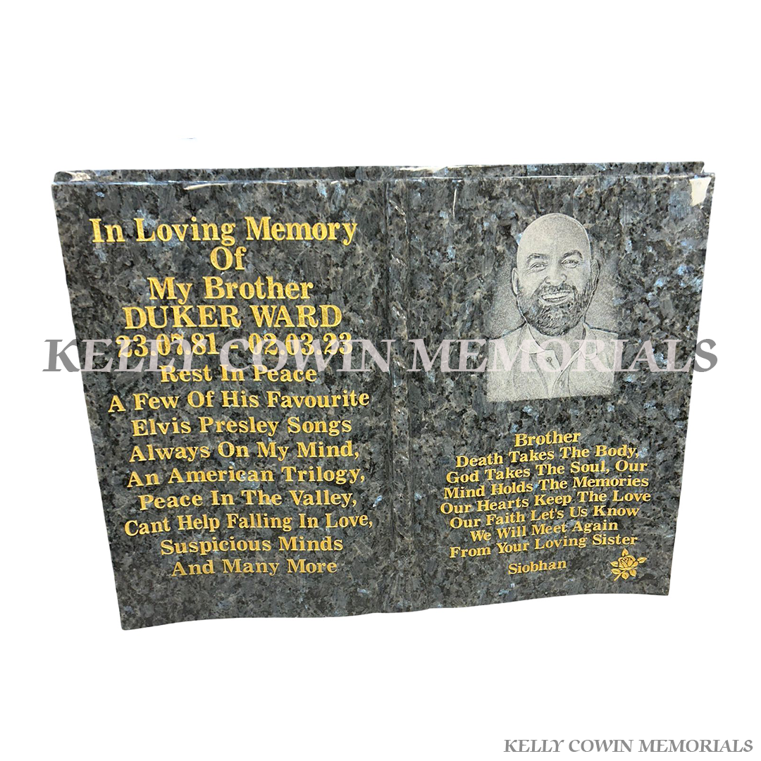 Blue Lagoon Granite Book With Laser Image | Kelly Cowin Memorials Ireland