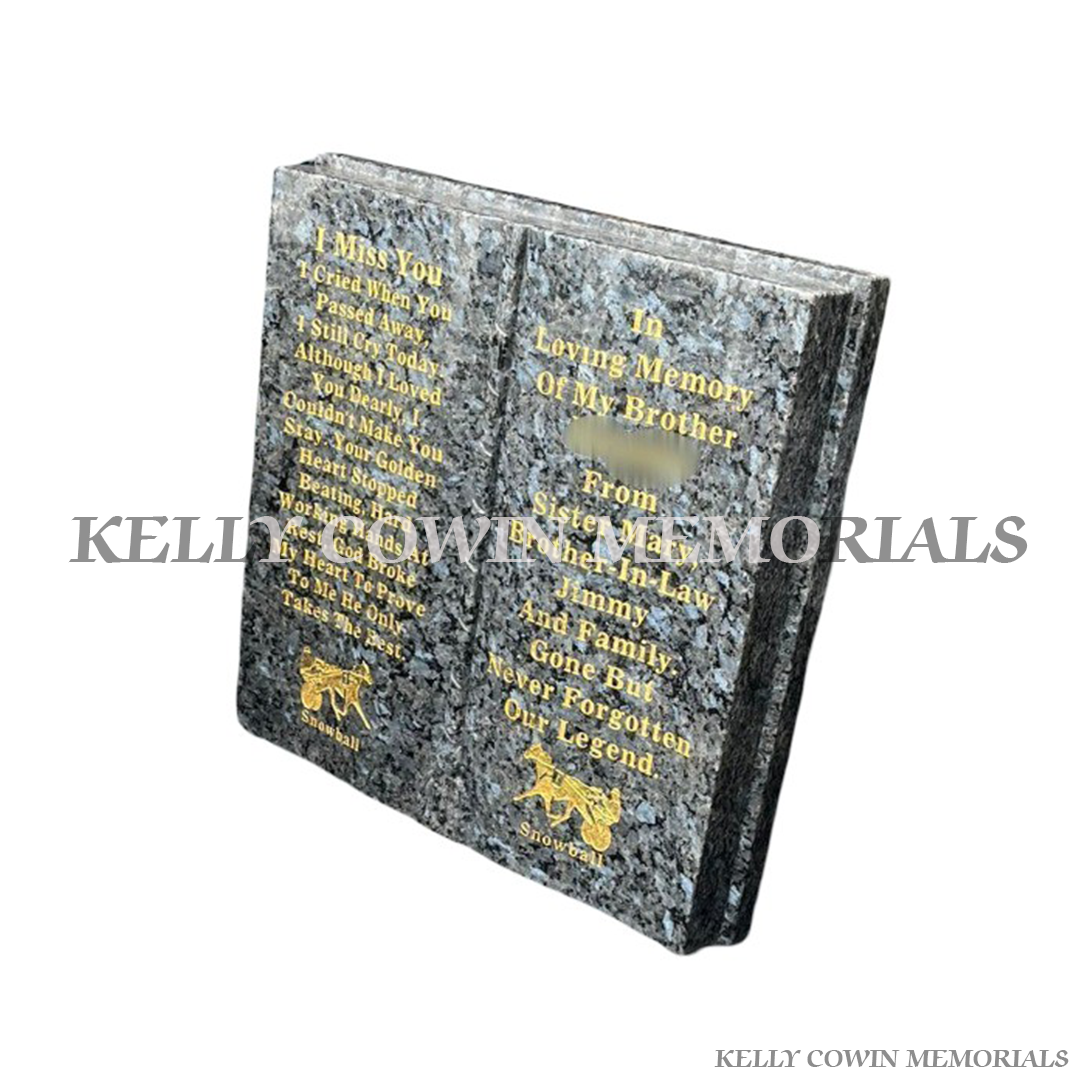 Blue Pearl granite book memorial ornament for graves and headstones handcrafted in Dublin with nationwide delivery across Ireland