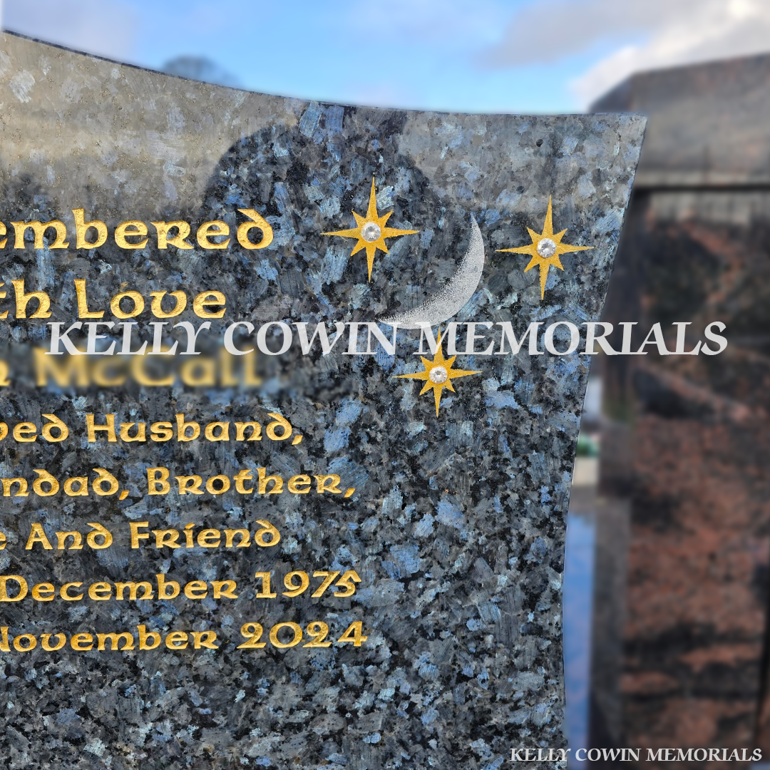 Blue Pearl custom memorial with kerbing, corner posts and granite bench by Kelly Cowin Memorials Dublin