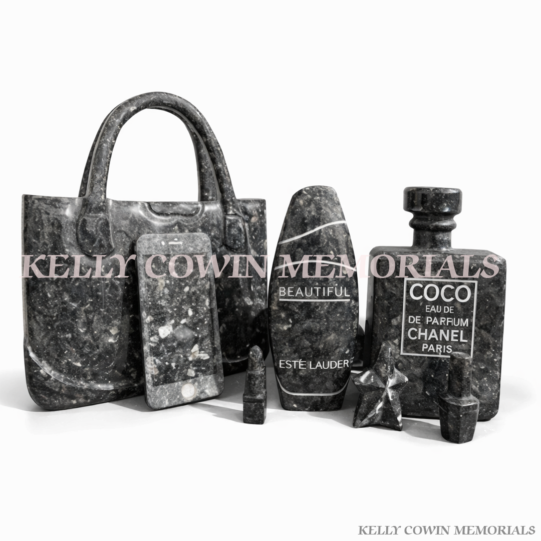 Blue Pearl granite handbag and makeup grave accessory memorial ornament set by Kelly Cowin Memorials Ireland