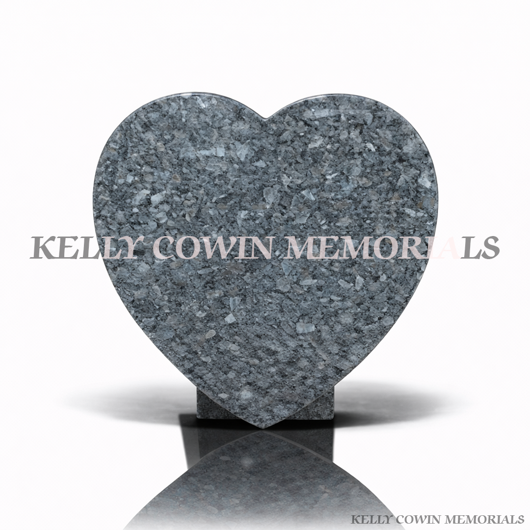 12 inch Blue Pearl granite heart shaped memorial plaque by Kelly Cowin Memorials Ireland