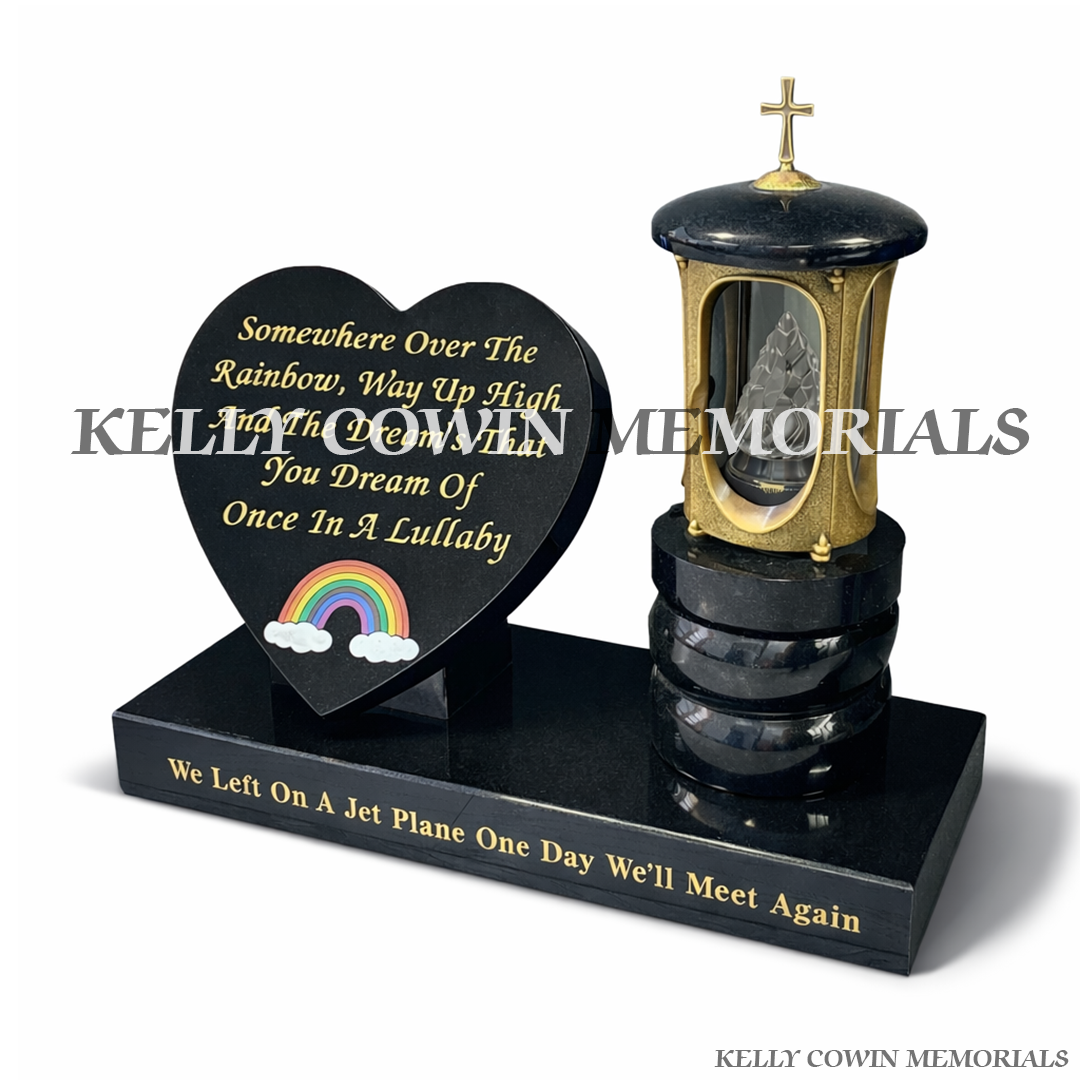 Side view of bronze lantern with candle insert mounted on granite plinth