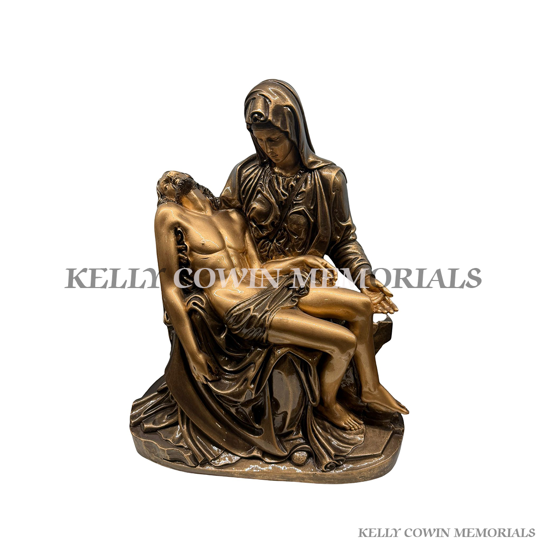 Bronze Pietà memorial statue featuring Our Lady holding Jesus for graves and headstones by Kelly Cowin Memorials Dublin Ireland with nationwide memorial services